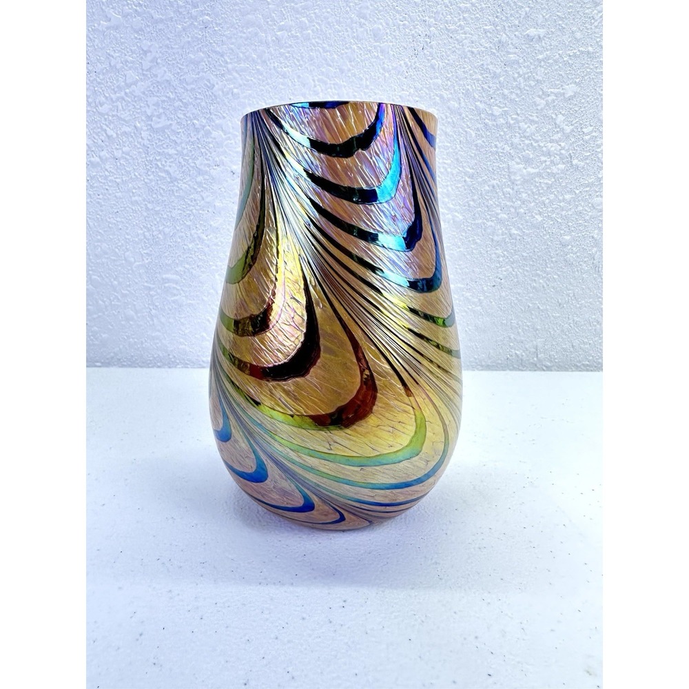 Teleflora Brown Iridescent Peach Opaque Art Glass Vase W/ Swirl Design 7" Taiwan